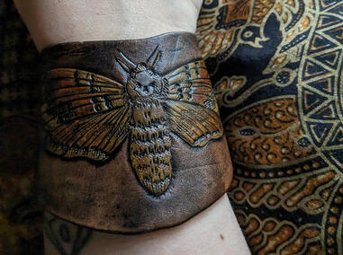 Hand-tooled leather Death's Head Moth Cuff build