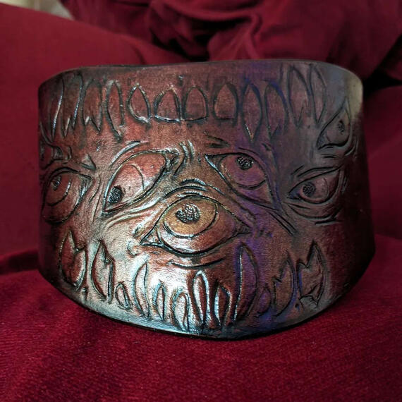 Hand-Tooled leather collar with eyes and teeth full build from pattern to paint